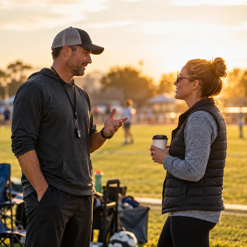 A coach and a parent talking on the sideline of a youth sports field.