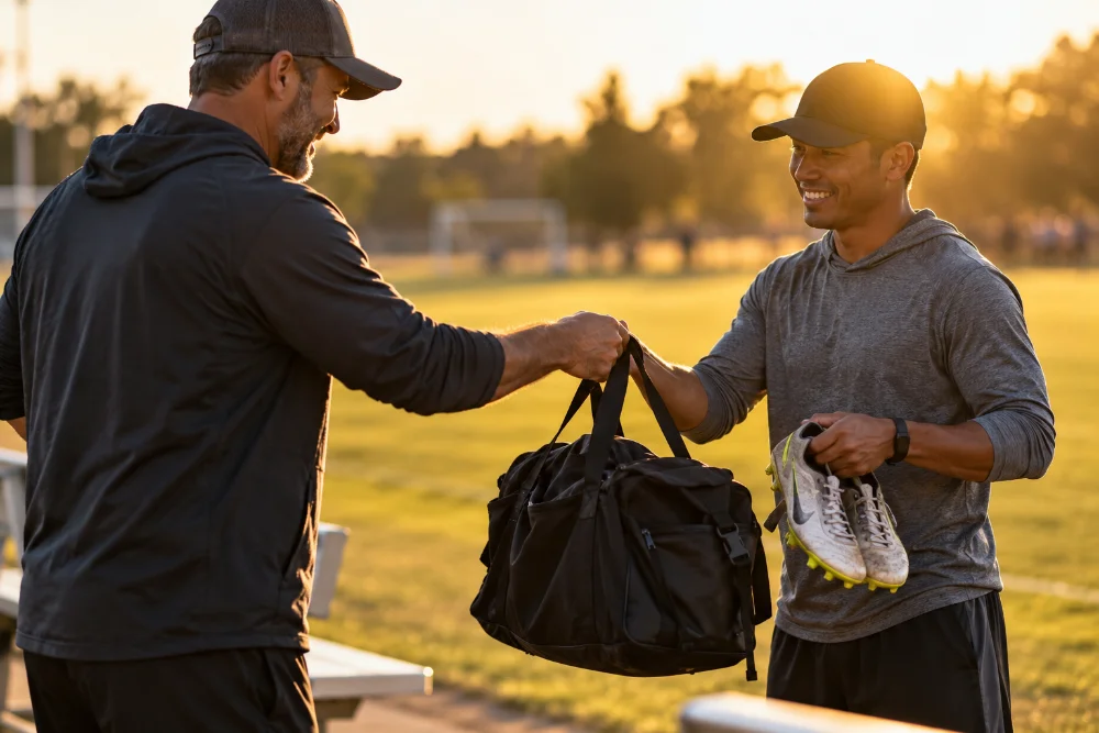 A parent handing a bag of used youth sports gear to another parent.